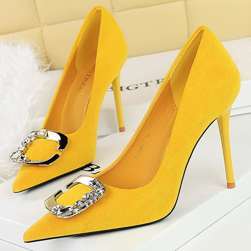 Shoe Tree - Bigtree-女性用のメタルラインストーンベルトバックル付きのスエードハイヒール,セクシーなバンケットスティレット,パーティー用の高級靴