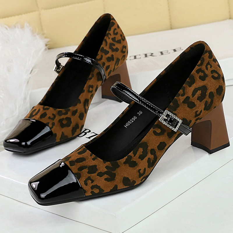 Shoe Tree - BIGTREE 靴ヒョウ柄女性パンプススエードミドルヒールシューズセクシーなメリージェーンシューズラインストーンバックルレディースシューズスクエアヘッド