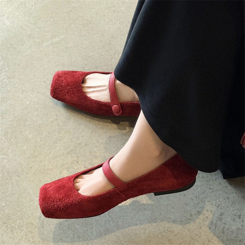 Shoe Brush - 新しい春/秋の起毛牛革女性靴スクエアトゥシューズ女性のためのファッションレトロフラットシューズメアリージェーンズシューズローヒール