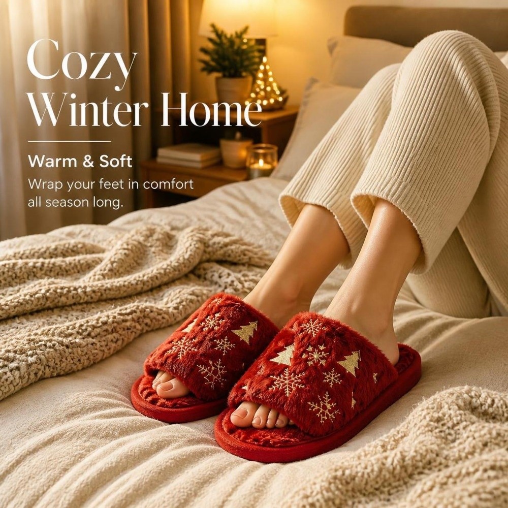 つま先が開いたクリスマスツリー柄のスリッパ、雪の結晶模様、滑 - Shoe Tree のレビューと価格